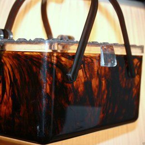 Vintage 50s Lucite Tortoise Shell Handbag Purse Lunch Box Style Honeycomb Cover